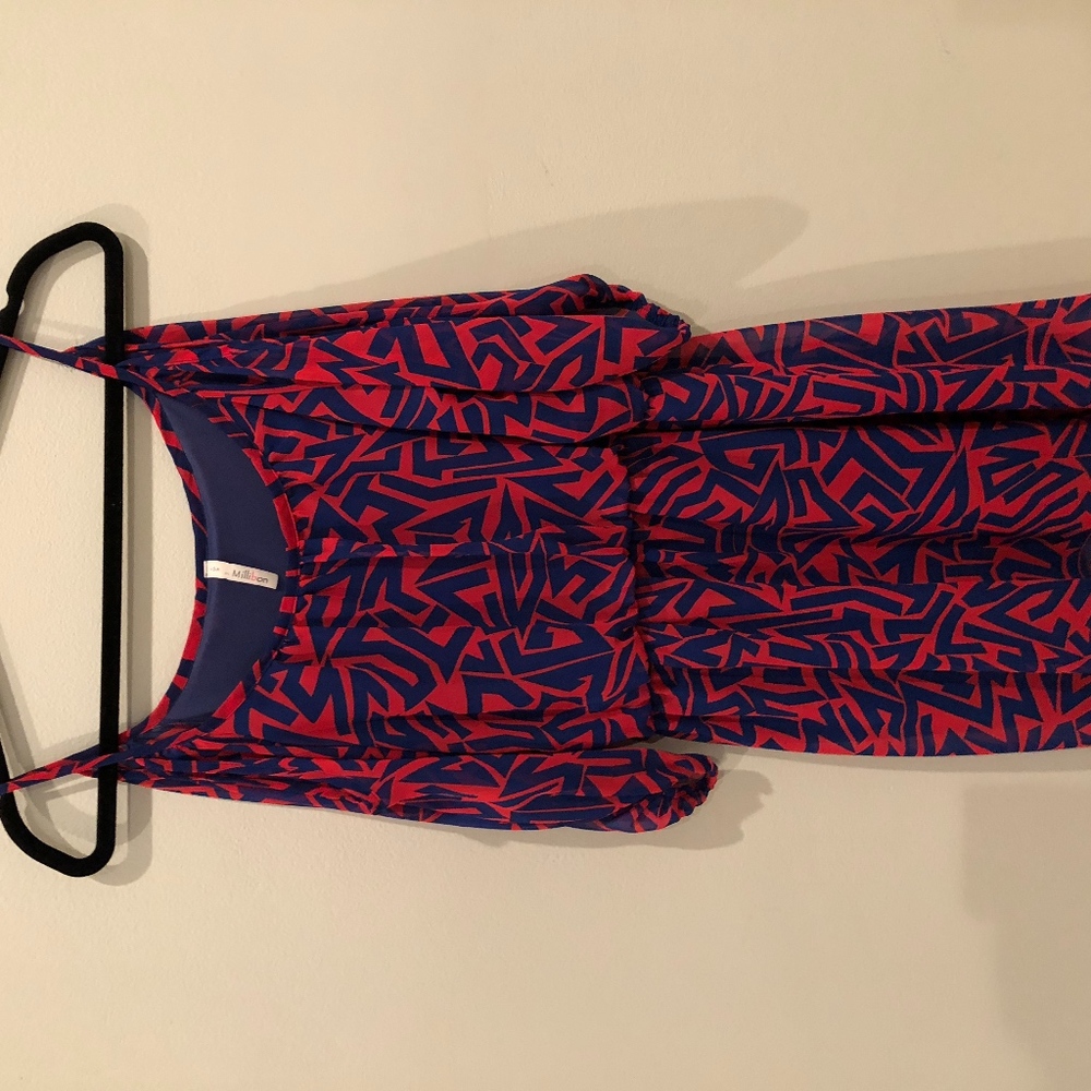 red and blue open shoulder dress